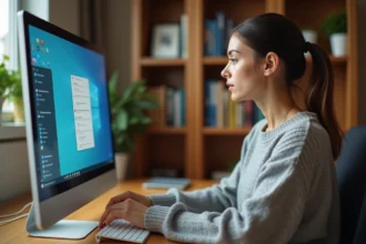 Femme utilisant un clic droit sur une icône de raccourci bureau Windows pour le supprimer ou modifier