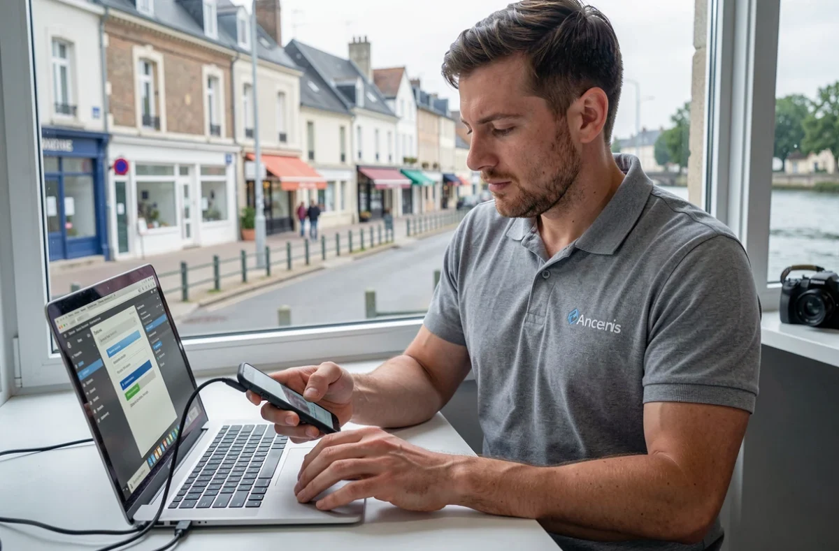 Technicien de Tech Repair Ancenis effectuant un diagnostic logiciel sur un smartphone connecté à un ordinateur