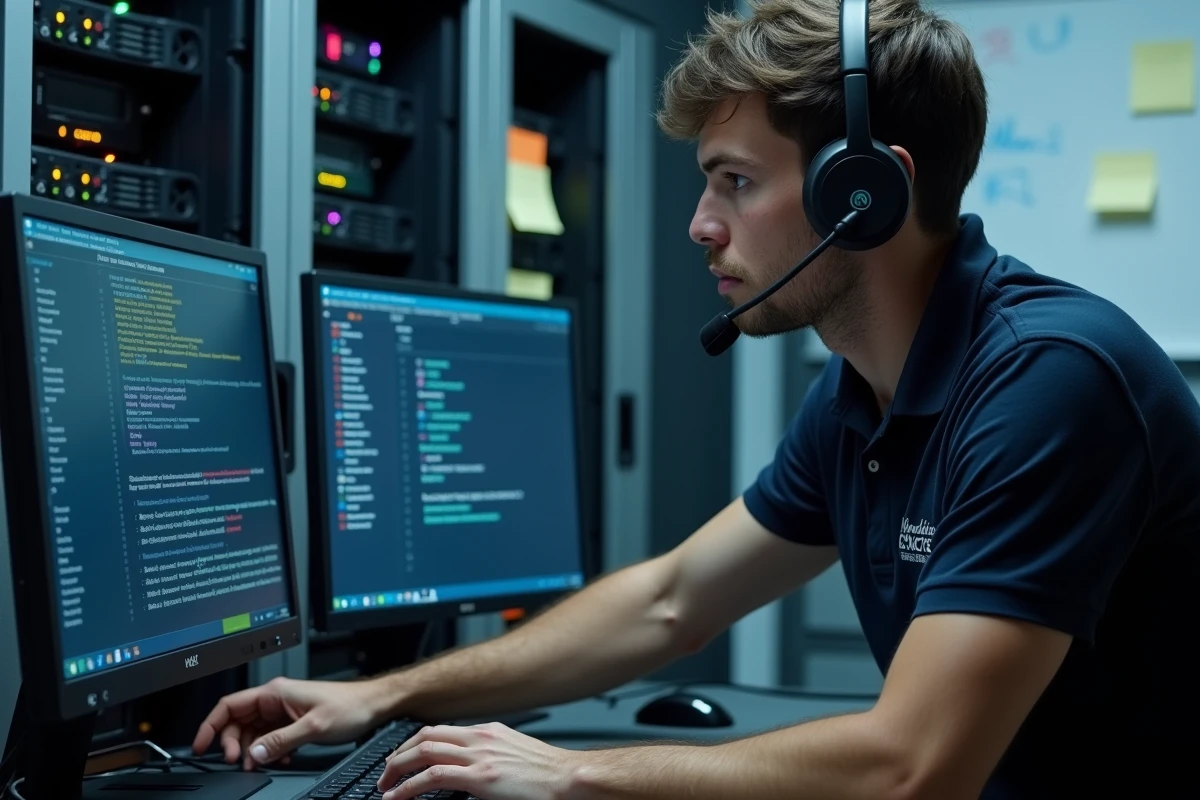 Un technicien informatique diagnostiquant des erreurs de connexion sur un panneau d'administration de webmail