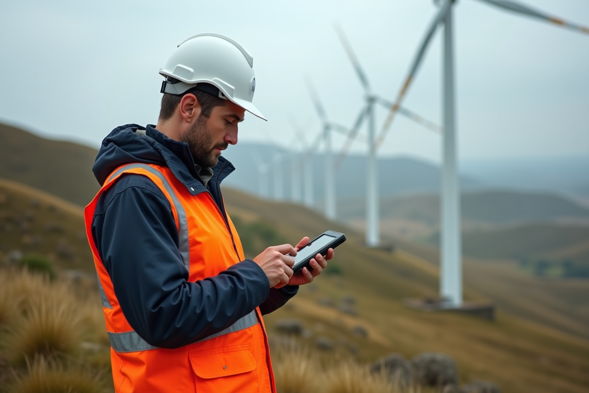 Technicien surveillant des éoliennes dans un site renouvelable