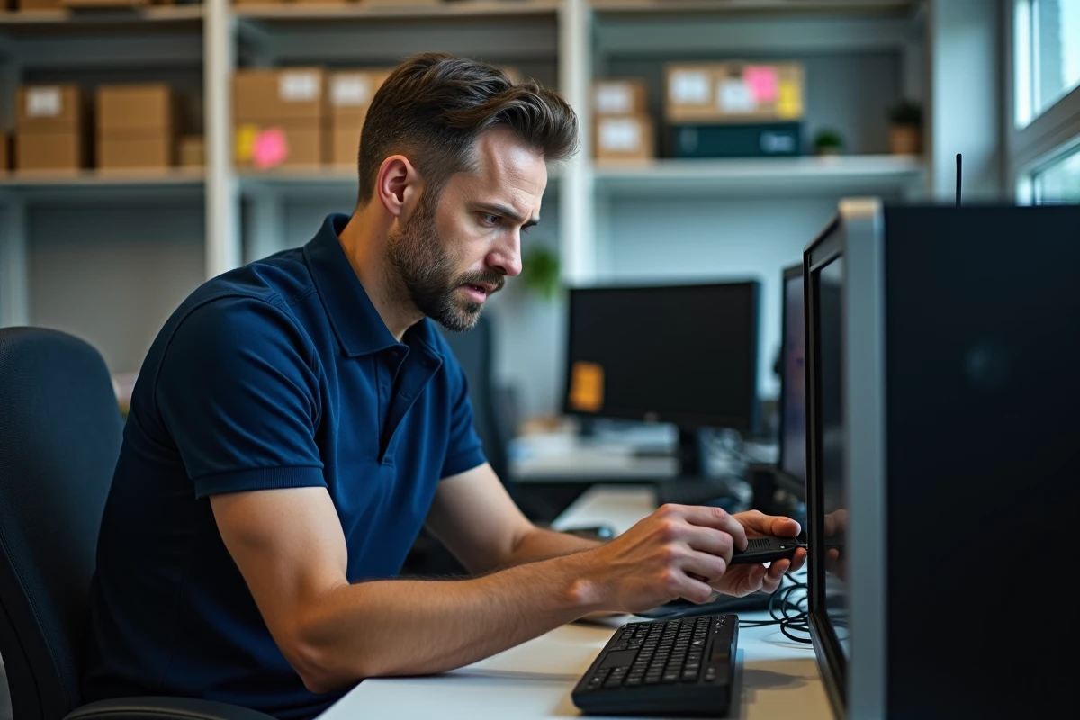 Technicien informatique installant un driver via clé USB sur un PC de bureau lors d'une migration Windows 7 vers Windows 10