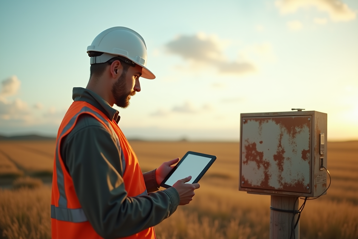 Technicien utilisant une tablette en zone rurale avec dispositif edge