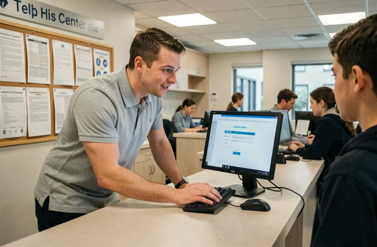 Technicien informatique d'université aidant un étudiant à résoudre un problème d'authentification Eduline au service d'assistance