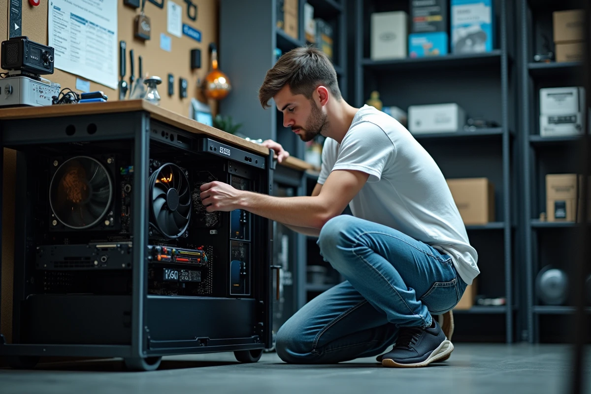 Jeune technicien inspectant une carte graphique dans un PC ouvert pour vérifier la compatibilité des pilotes avec Windows 10