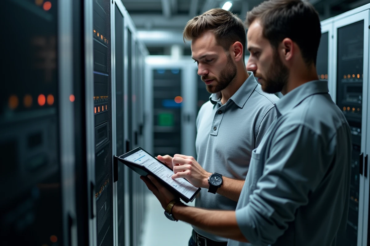 Techniciens informatiques du SDIS 95 vérifiant les règles d'accès distant au système Agendis dans une salle serveur