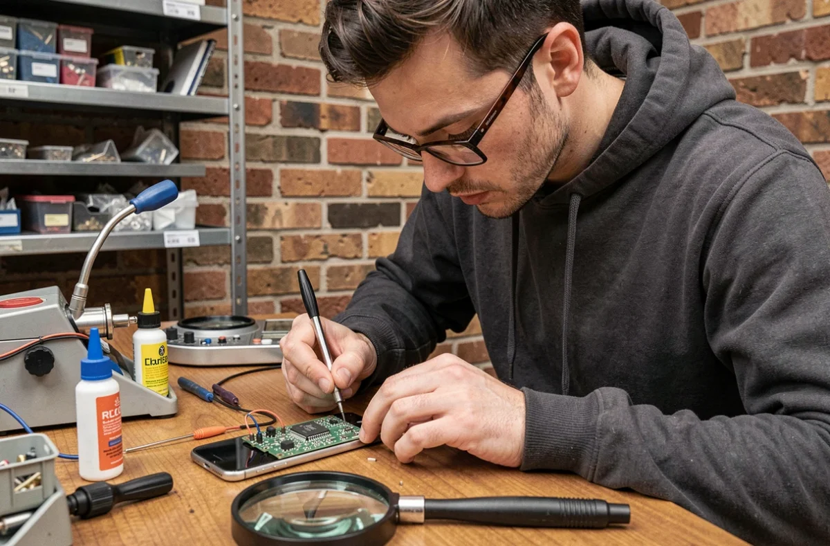 Technicien de Technofix en train de souder un composant électronique sur une carte de smartphone