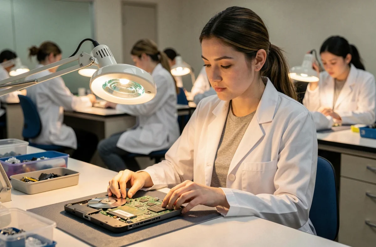 Technicienne de Teclab examinant une carte mère de laptop dans un laboratoire informatique spécialisé