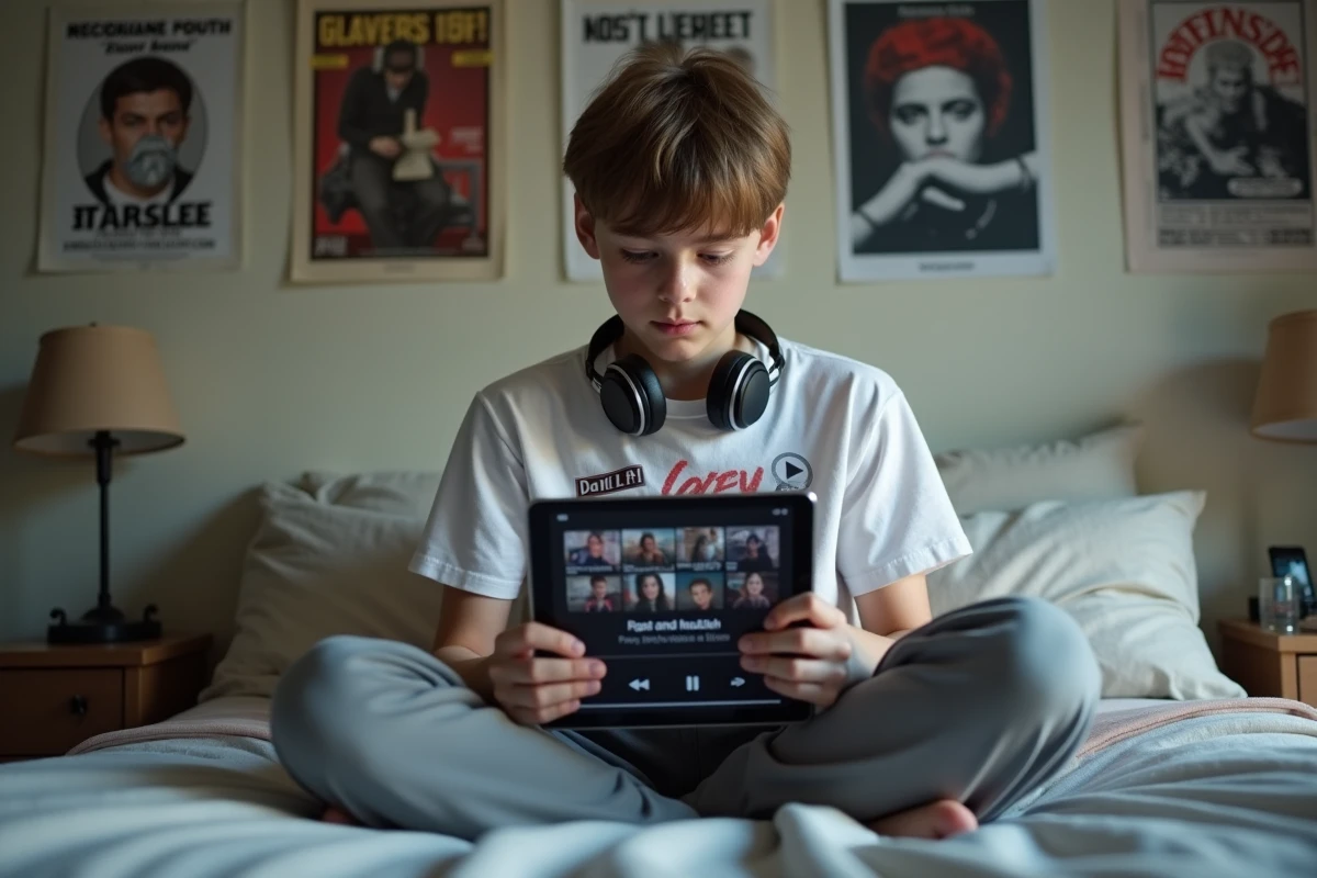Adolescent regardant des vidéos téléchargées hors ligne sur une tablette dans sa chambre