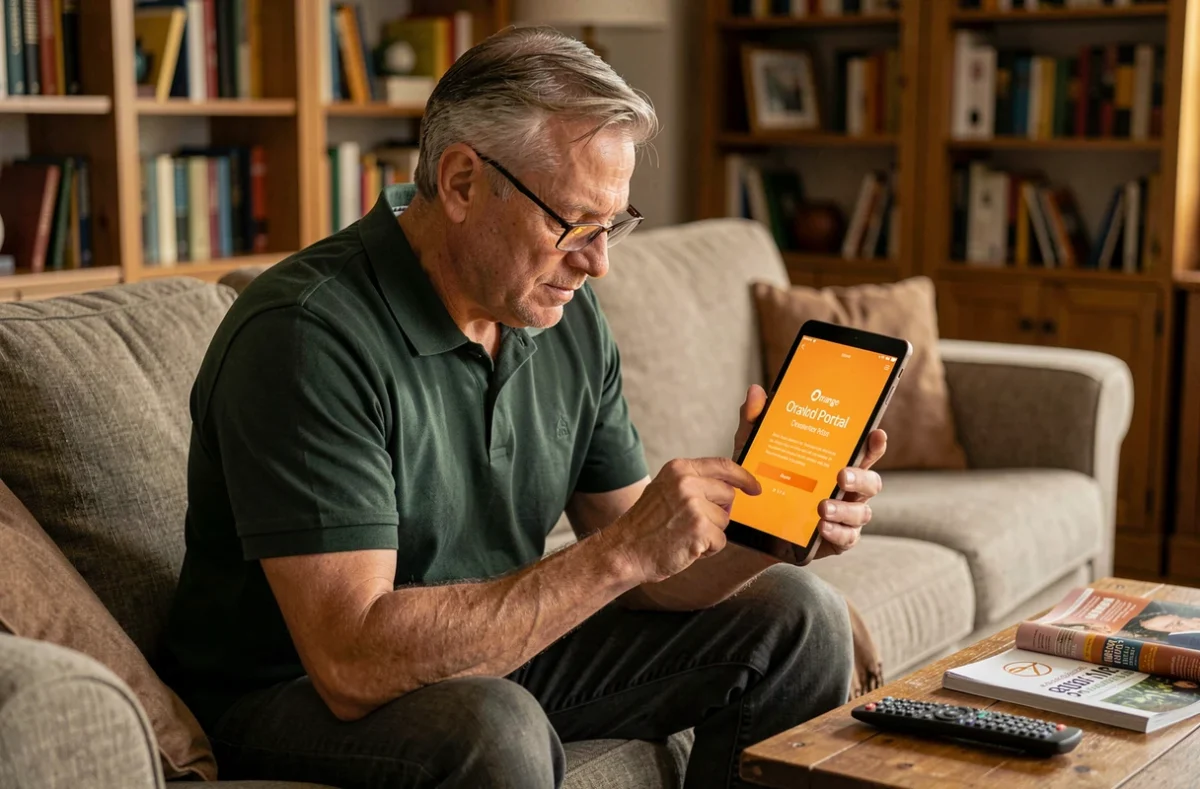 Homme senior téléchargeant le portail Orange sur une tablette dans un salon confortable