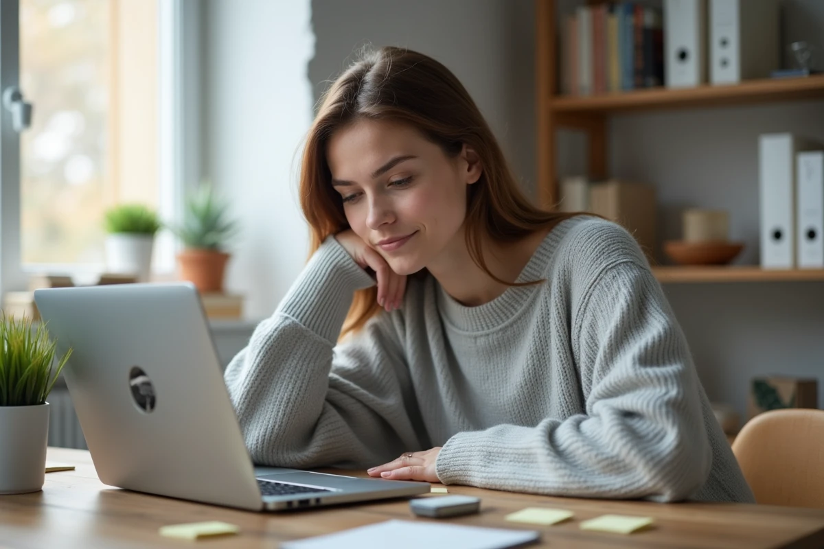 Jeune femme téléchargeant rapidement un fichier sur son ordinateur portable depuis son bureau à domicile