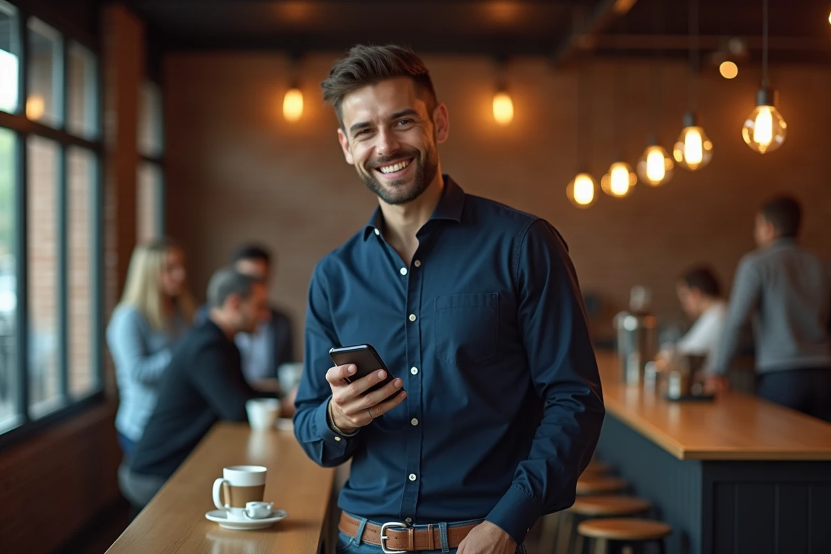 Homme utilisant une application de téléchargement vidéo rapide sur smartphone dans un café moderne