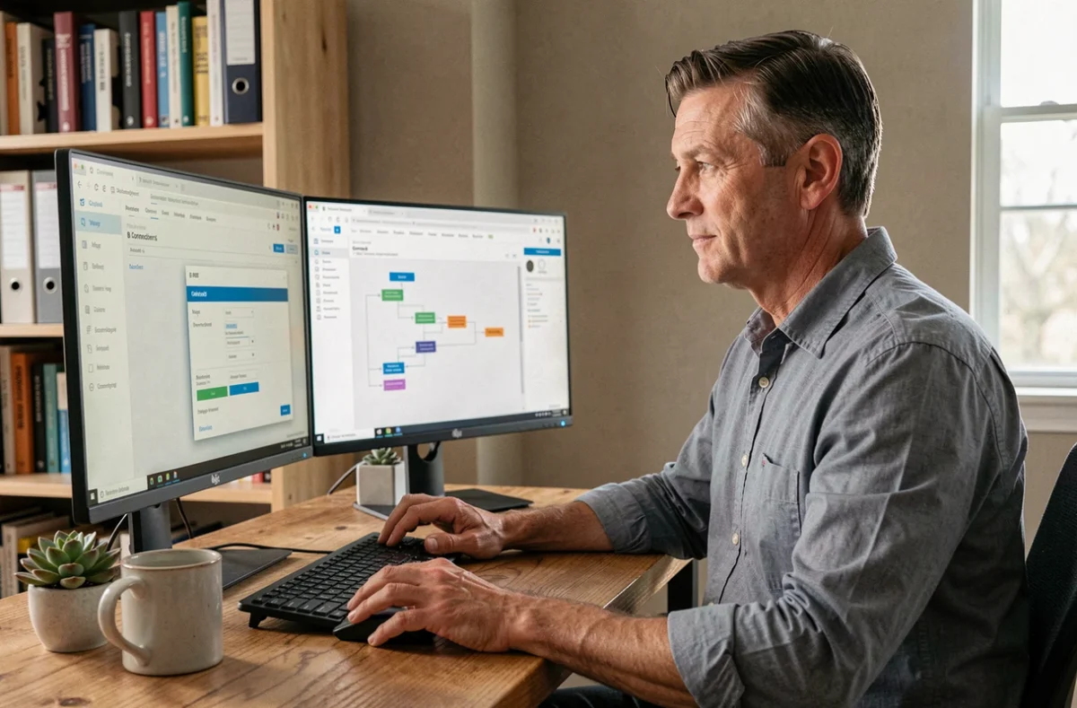 Homme en télétravail configurant une connexion plan BI sur double écran dans un bureau à domicile