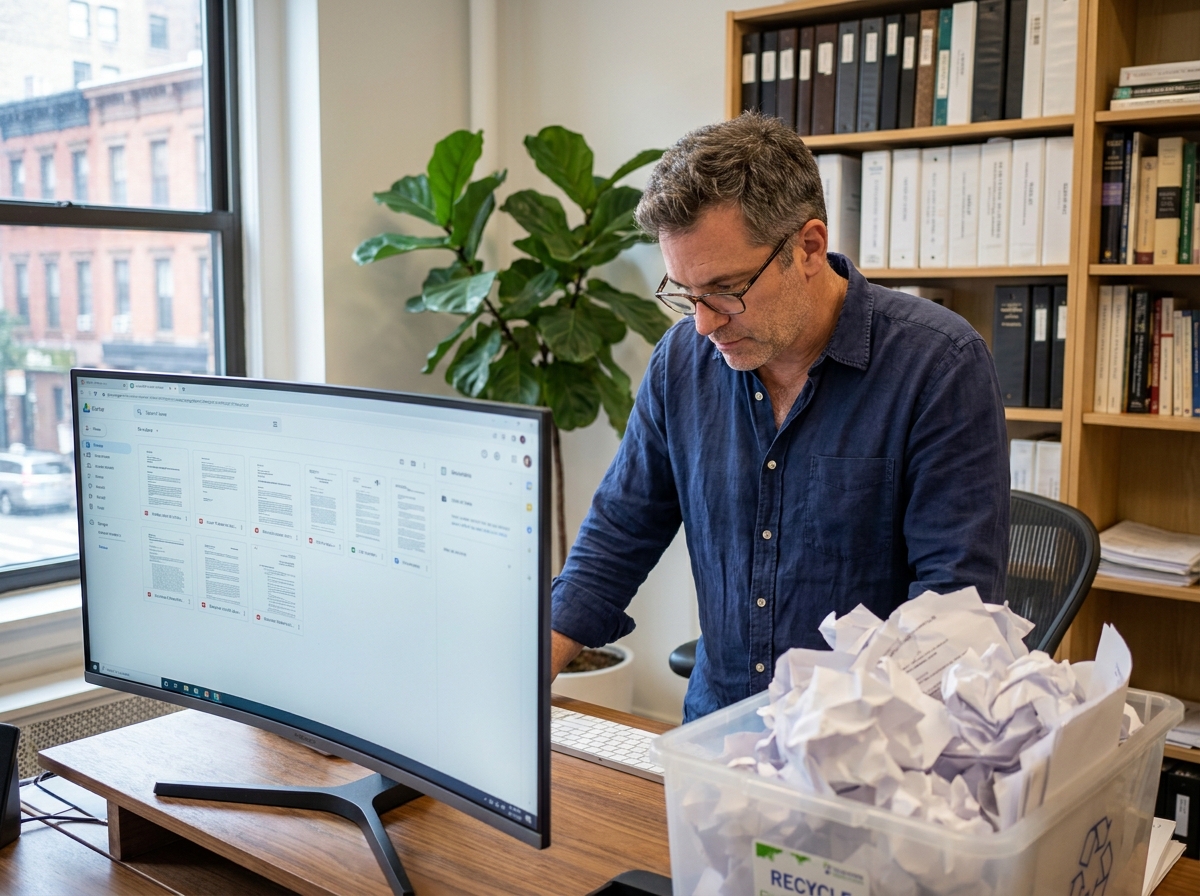Homme en télétravail consultant des documents numériques sur écran avec une corbeille pleine de papiers imprimés à côté