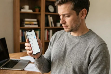 Homme consultant les paramètres NFC sur son smartphone Android dans un bureau à domicile