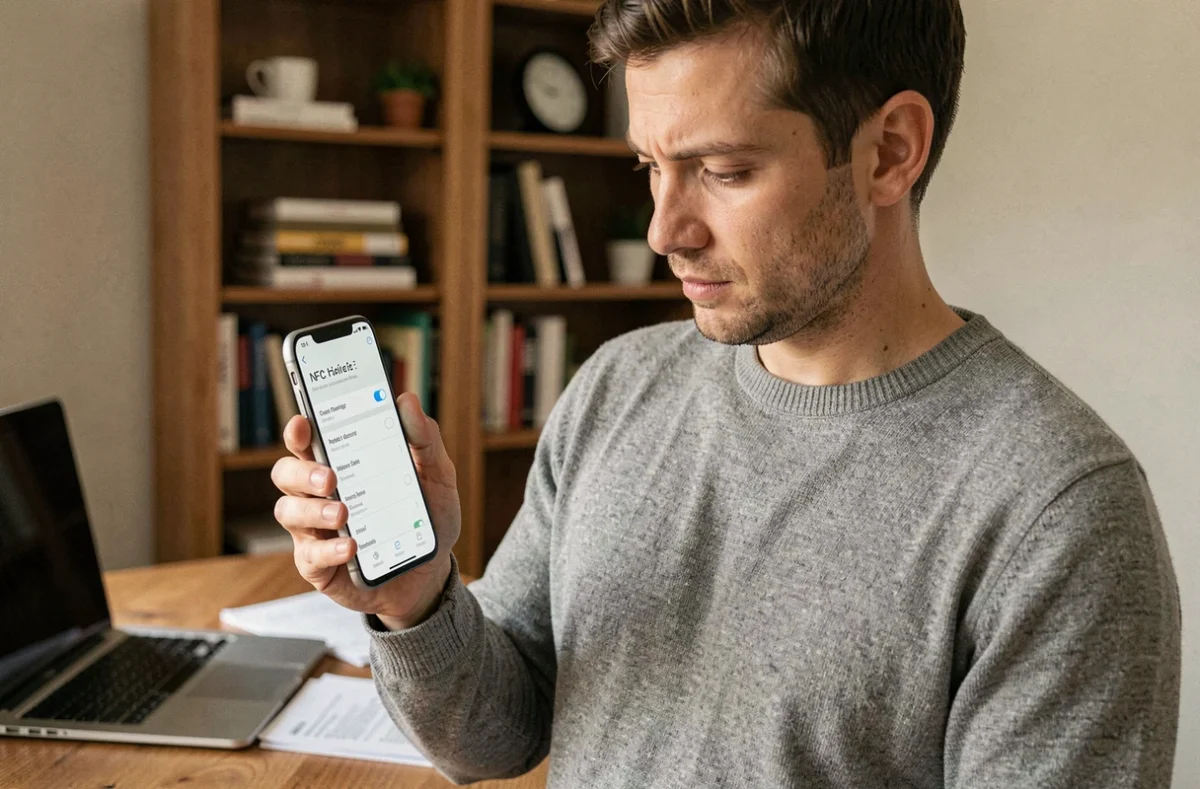 Homme consultant les paramètres NFC sur son smartphone Android dans un bureau à domicile