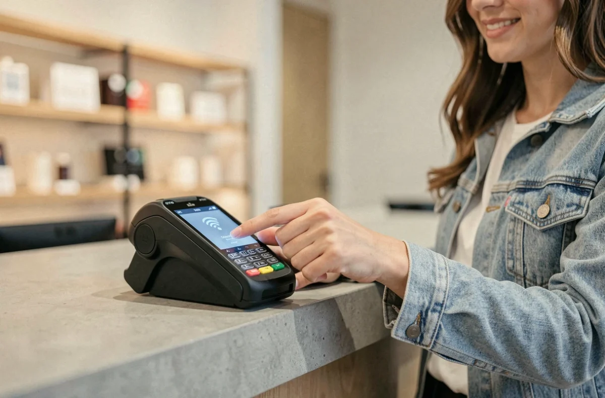 Femme testant la connexion NFC de son téléphone sur un terminal de paiement sans contact en magasin