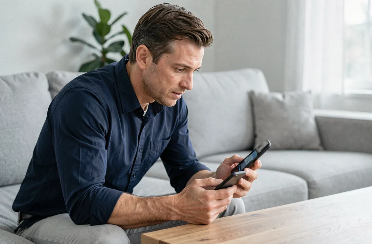 Homme testant le transfert NFC entre deux smartphones face à face dans un salon moderne