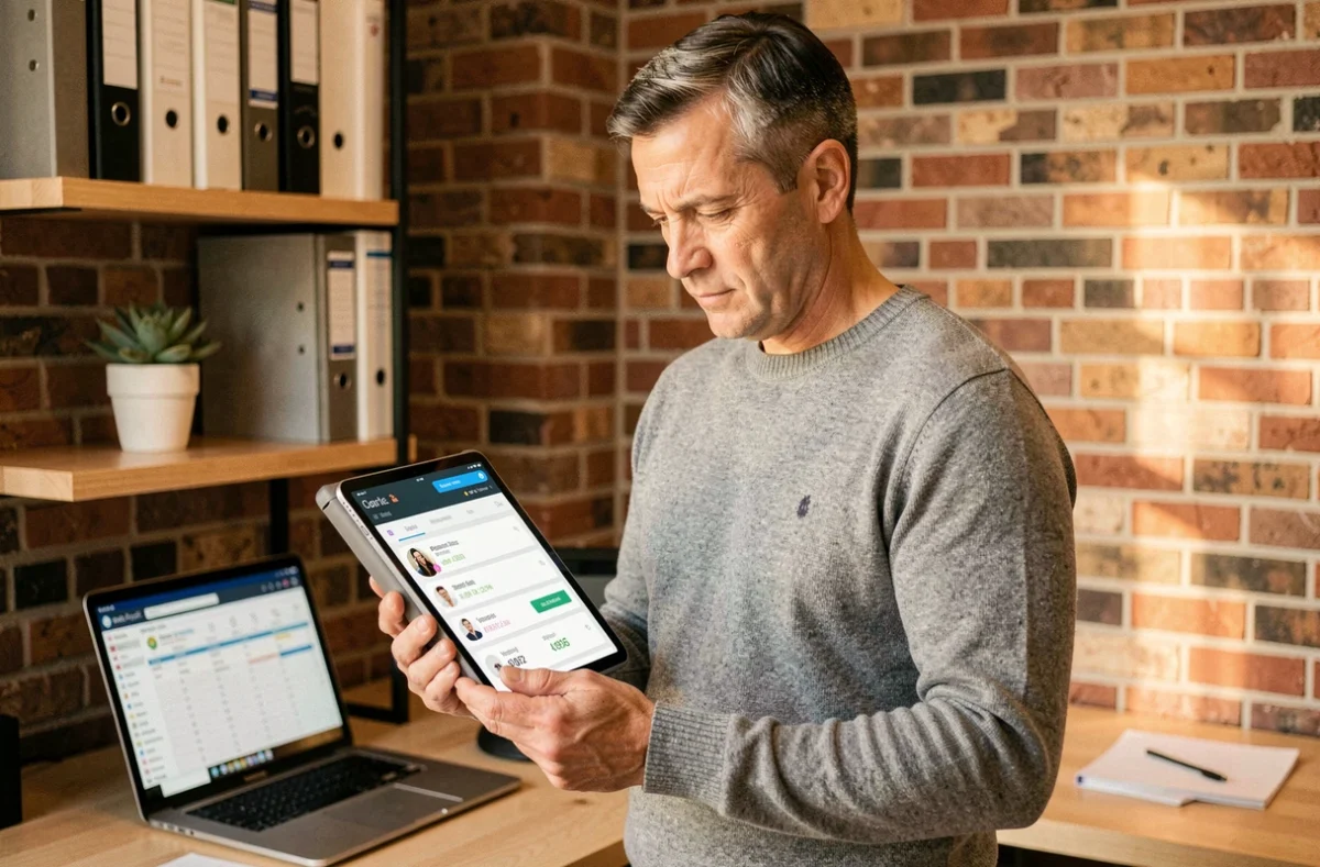 Homme d'affaires consultant un tableau de bord de partage de fichiers client sur une tablette dans un bureau indépendant