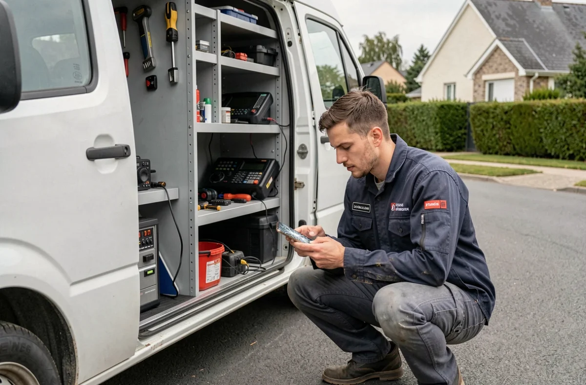 Technicien d'Urgence Mobile 44 réparant un smartphone dans son camion atelier garé devant un domicile