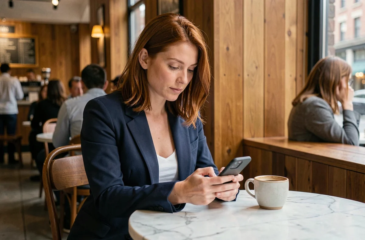 Femme utilisant un Samsung S22 d'une seule main dans un café urbain, vue large