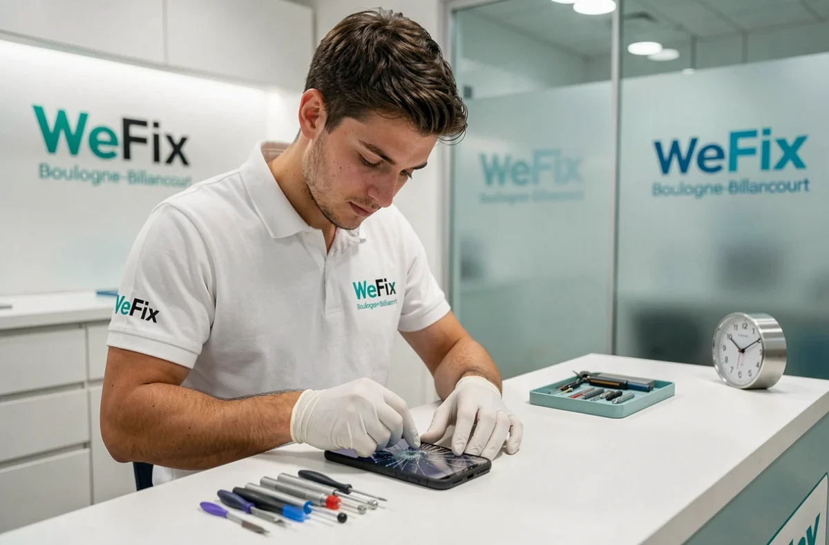 Technicien WeFix de Boulogne-Billancourt remplaçant l'écran d'un smartphone en réparation express au comptoir