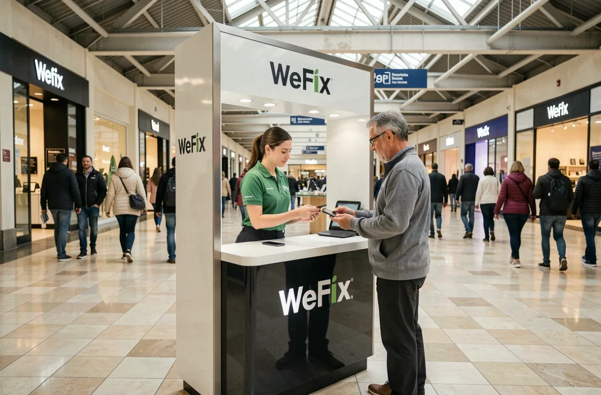Kiosque WeFix de Gennevilliers installé dans un centre commercial avec une technicienne accueillant un client