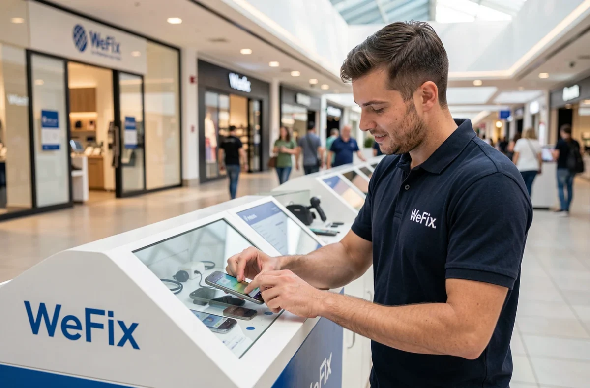 Technicien WeFix à La Roche-sur-Yon remplaçant l'écran d'un smartphone au comptoir d'un kiosque en centre commercial