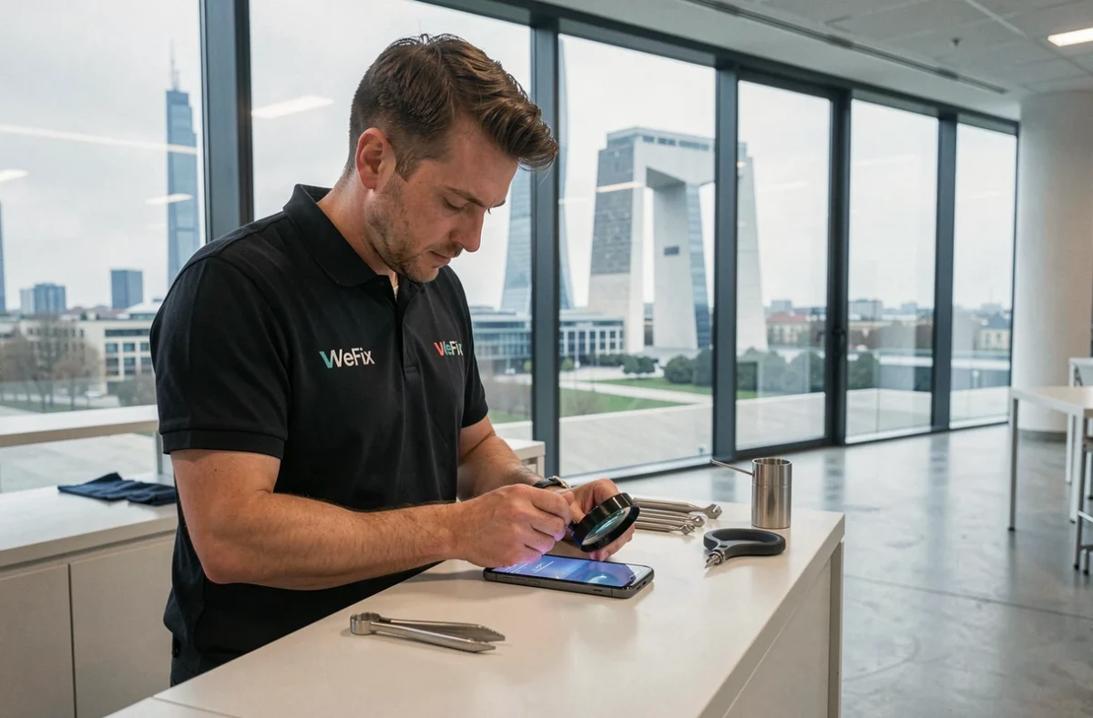 Technicien WeFix de Puteaux réparant un smartphone avec la skyline de La Défense visible en arrière-plan
